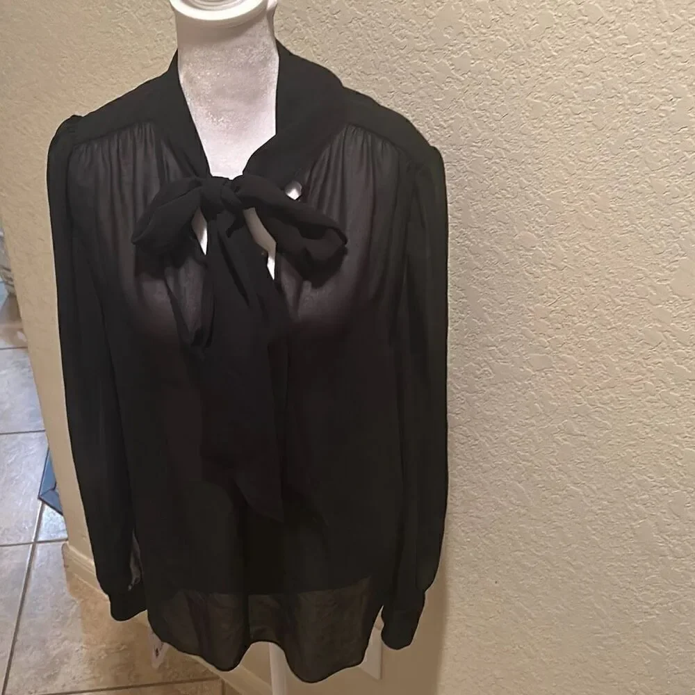 Patrizia Pepe Women's 44 Camicia Donna Long Sleeve Sheer Blouse Black Tie Neck